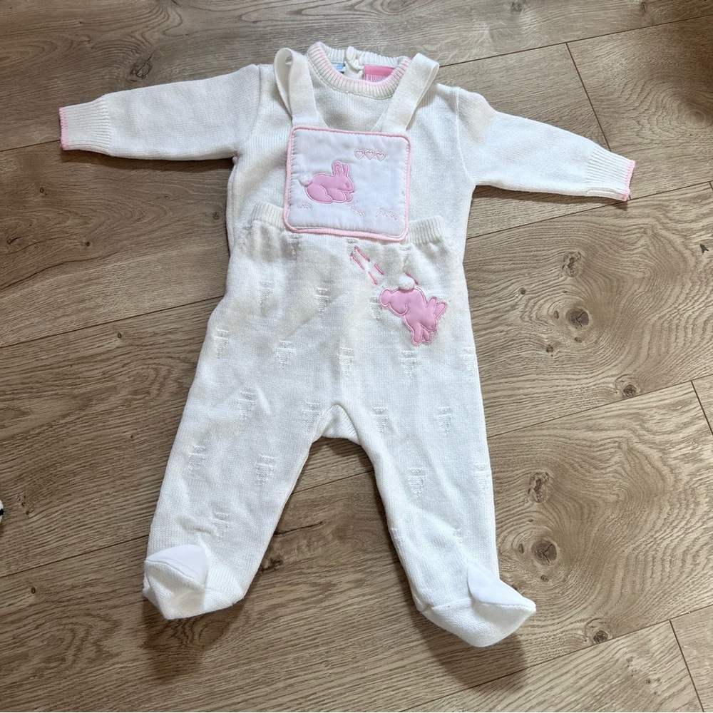 Vintage 6-9 months bunny Easter knit overall set acrylic
